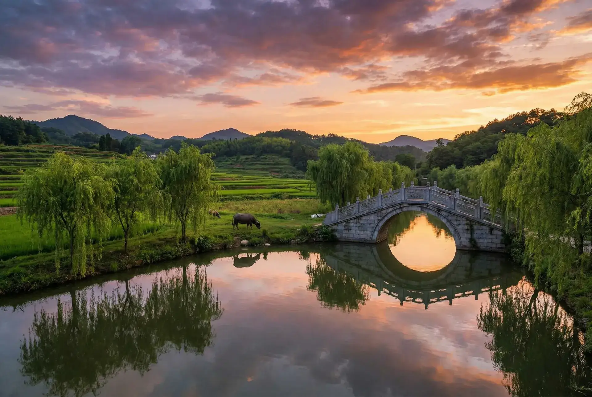 夕阳下的石拱桥与垂柳，水牛在河边吃草 - 刘太阳菜花事件 乡村美景